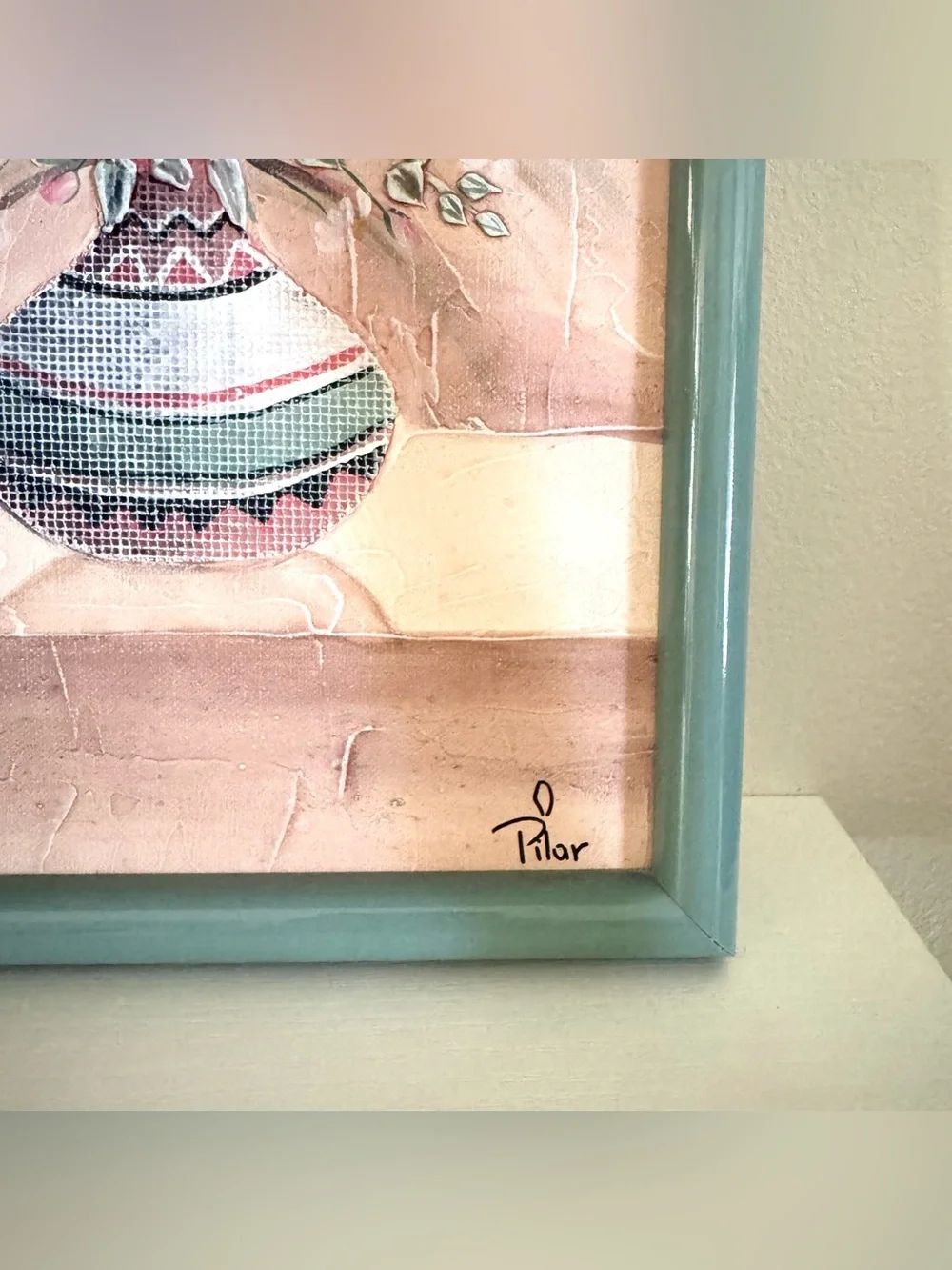 Textured Mixed Media Floral Pot Painting Vintage 90’s Southwestern Original Art